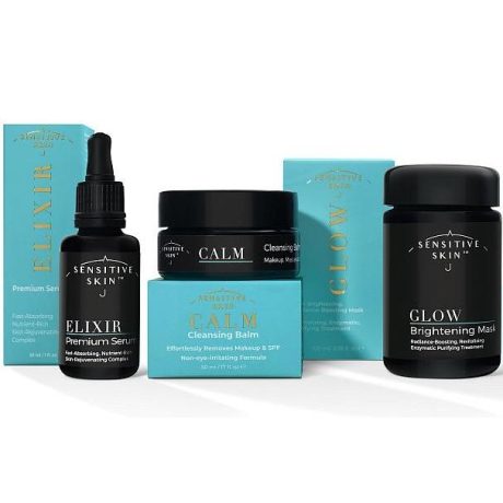 Three full size products from SENSITIVE SKIN LLC shown with packaging